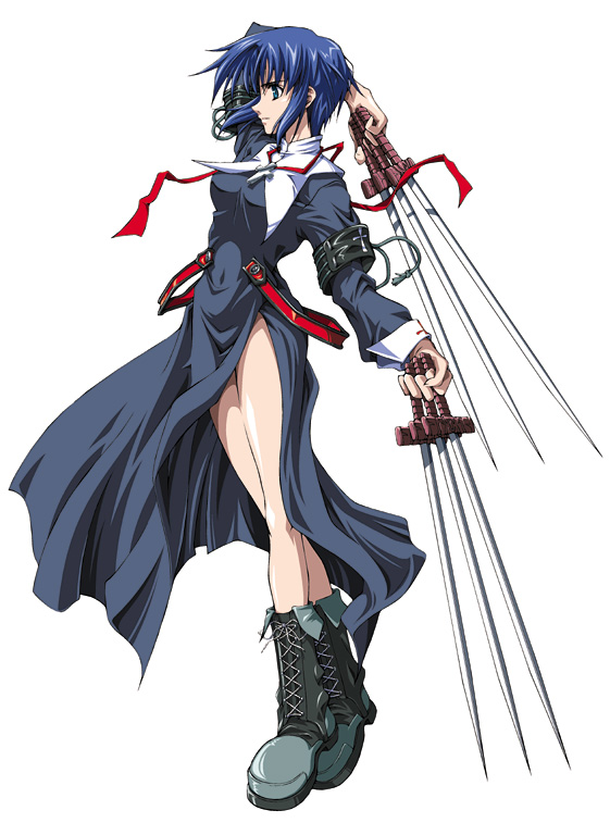 ciel (tsukihime), tsukihime, 00s, 1girl, armband, between fingers, black keys (type-moon), blue eyes, blue hair, boots, female focus, holding, legs, matching hair/eyes, priest, priestess, profile, short hair, solo, sword, thighs, weapon