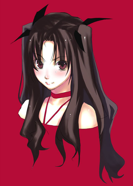 iqu, tohsaka rin, fate/stay night, fate (series), 00s, 1girl, black hair, choker, female focus, hair ribbon, looking at viewer, red background, red eyes, ribbon, simple background, solo, twintails, two side up, upper body