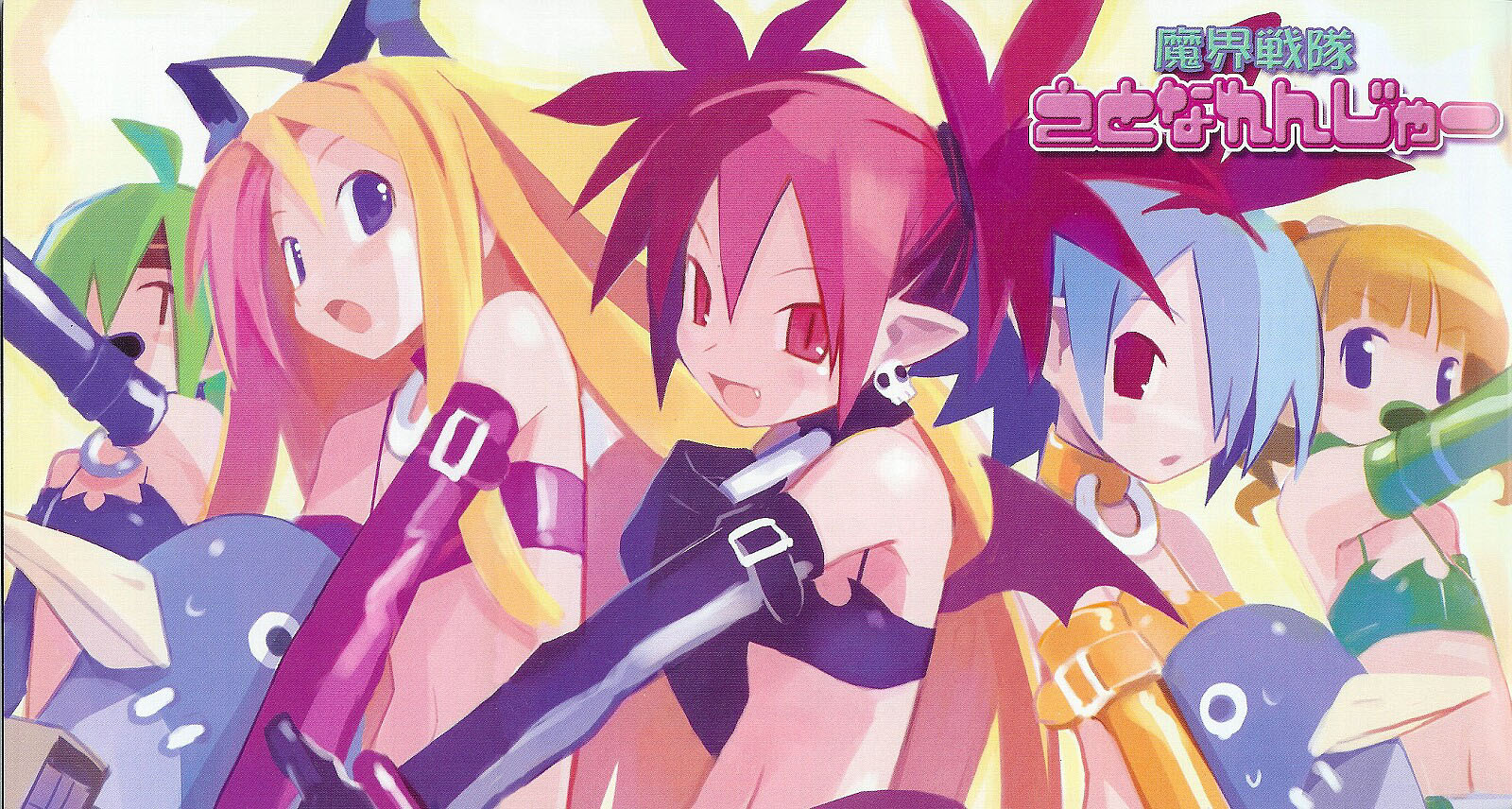 harada takehito, archer (disgaea), etna (disgaea), female warrior (disgaea), flonne, pleinair, prinny, warrior (disgaea), disgaea, makai senki disgaea, nippon ichi, original, highres, 00s, 5girls, alternate color, bat wings, blonde hair, cosplay, demon girl, earrings, elbow gloves, etna (disgaea) (cosplay), fang, gloves, jewelry, long hair, midriff, multiple girls, pointy ears, red eyes, red hair, ribbon, twintails, wings