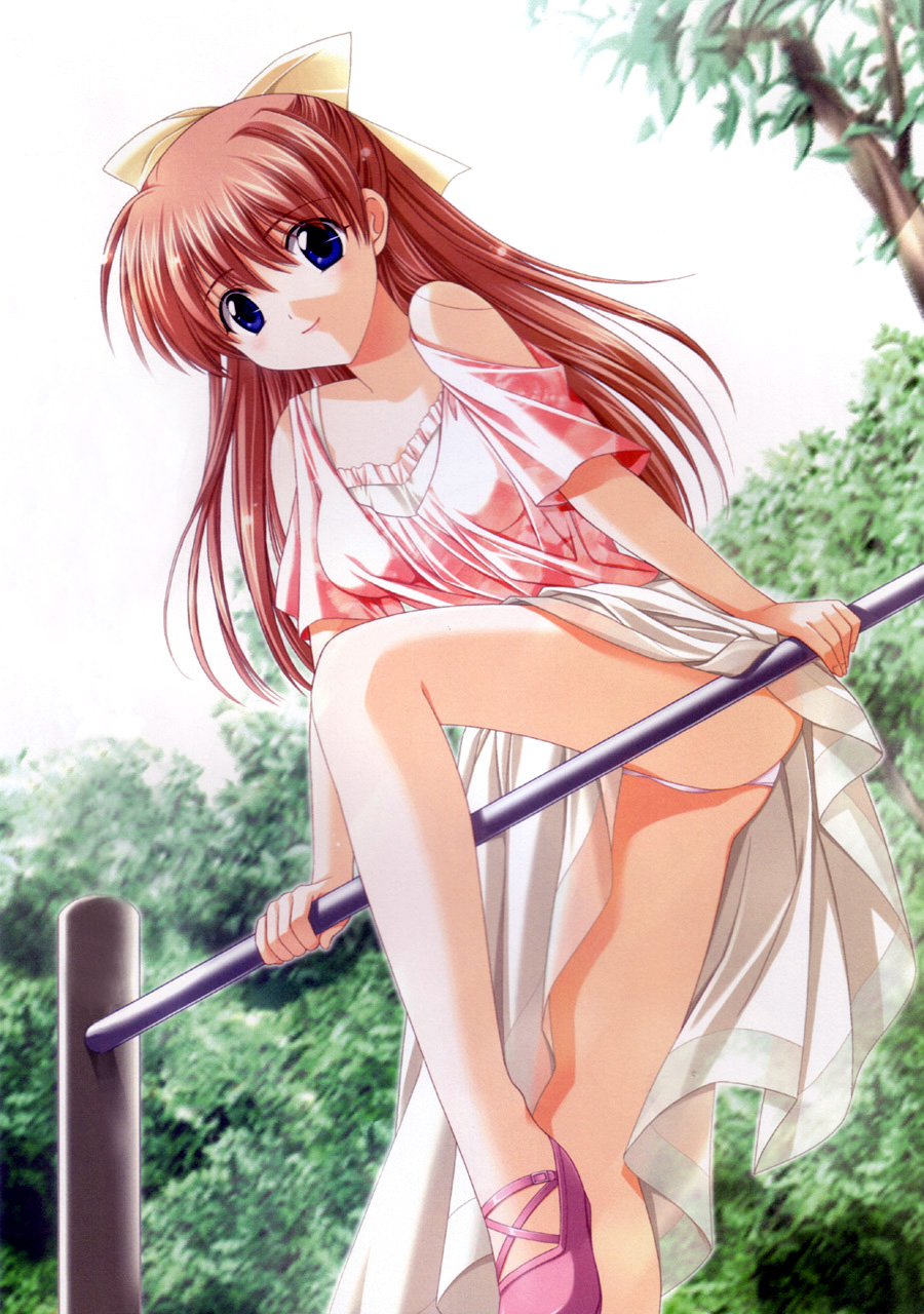 original, highres, 1girl, bare legs, bare shoulders, blue eyes, blush, bow, day, dress, dutch angle, female focus, flats, from below, hair bow, horizontal bar, leg lift, legs, long hair, looking at viewer, looking down, nature, outdoors, panties, pantyshot, pink hair, red hair, shoes, sky, smile, solo, standing, tree, underwear, upskirt, white panties