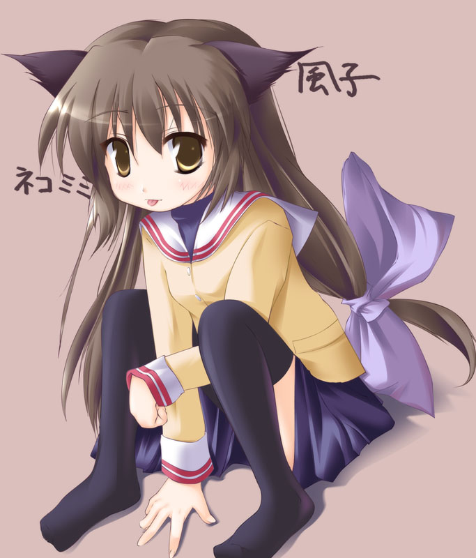 safi, ibuki fuuko, clannad, 00s, 1girl, :p, animal ears, black thighhighs, bow, cat ears, feet, female focus, hair bow, large bow, long hair, low-tied long hair, paw pose, pleated skirt, school uniform, serafuku, simple background, sitting, skirt, socks, solo, thighhighs, tongue, tongue out