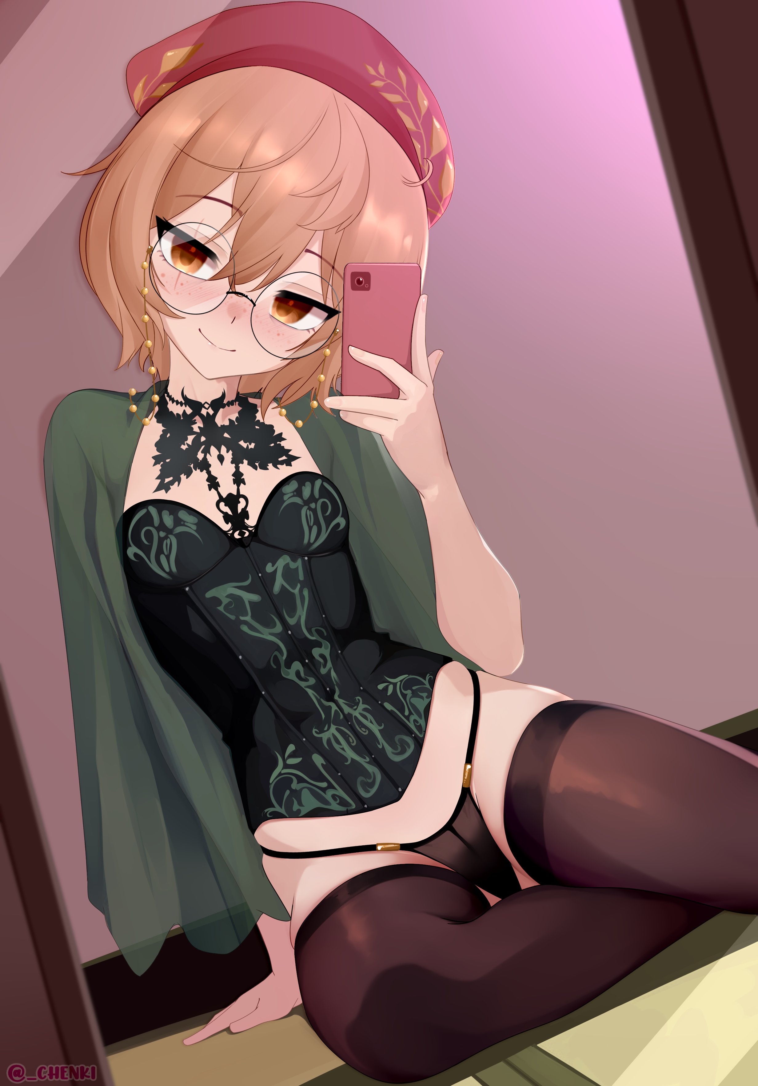 chenki (chenki), clio aite, phase connect, absurdres, highres, paid reward available, 1girl, beret, blush, brown eyes, brown hair, cape, cellphone, corset, garter belt, glasses, hat, jewelry, lingerie, necklace, phone, scar, scar across eye, scar on face, selfie, short hair, sitting, smartphone, smile, thighhighs, underwear