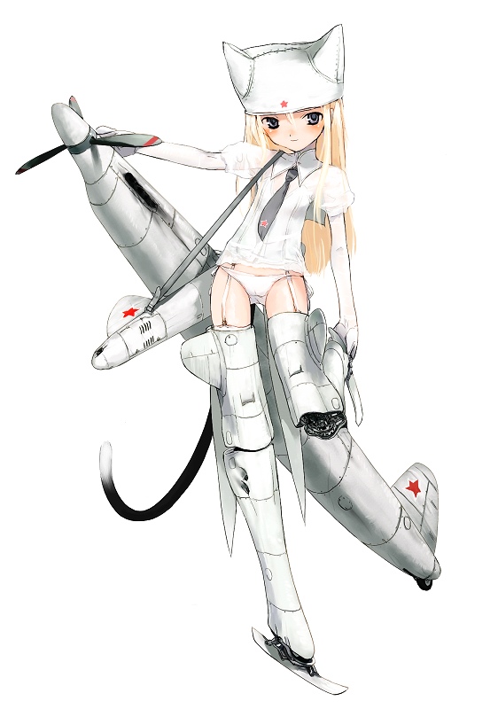 shimada fumikane, konami mecha musume, red pixiv, 1girl, aircraft, airplane, animal ears, animal hat, blouse, cat ears, cat tail, digital bs tuners, fake animal ears, female focus, full body, garter straps, grey necktie, hair between eyes, hat, loli, lowleg, lowleg panties, mecha musume, midriff peek, necktie, no pants, panties, shirt, solo, standing, standing on one leg, tail, underwear, white hat, white shirt