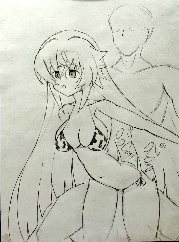 magic mirror (grimms notes), grimms notes, bad id, bad twitter id, traditional media, 1boy, 1girl, ansanngu, breasts, cow print, cow print bikini, long hair, medium breasts, monochrome, parted lips, print bikini, sex, standing, standing sex