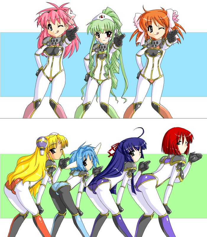 apricot sakuraba, forte stollen, karasuma chitose, milfeulle sakuraba, mint blancmanche, ranpha franboise, vanilla h, broccoli (company), galaxy angel, galaxy angel rune, jinki, 6+girls, ass, blonde hair, blue eyes, boots, crossover, flower, glasses, half updo, long hair, monocle, multiple girls, parody, pink hair, red hair, ribbon, twintails