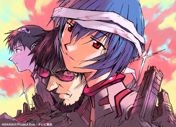 itou takehiko, ayanami rei, ikari gendou, ikari shinji, neon genesis evangelion, tengen toppa gurren lagann, 00s, 1girl, 2boys, age difference, bandages, beard, blue hair, brown hair, cloud, debris, expressionless, facial hair, father and son, gainaxtop, glasses, head tilt, mecha pilot suit, multiple boys, plugsuit (evangelion), profile, red eyes, ruins, serious, short hair, sky, sunset
