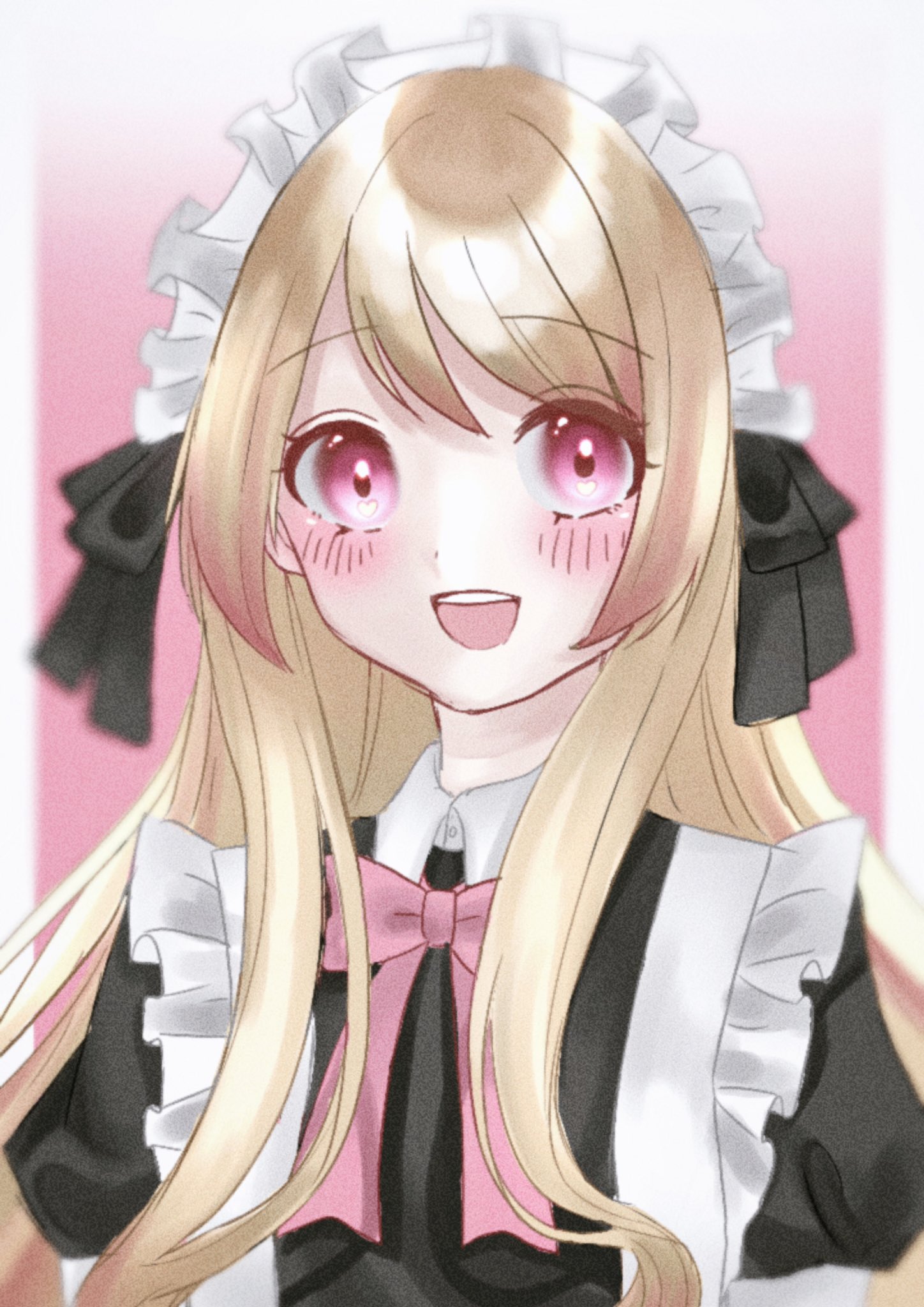 rrrpopo amagaer, chaos marie (grimms notes), grimms notes, bad id, bad twitter id, 1girl, blonde hair, long hair, maid, open mouth, smile, solo