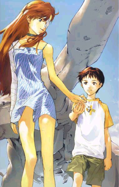 okazaki takeshi, ikari shinji, souryuu asuka langley, neon genesis evangelion, jpeg artifacts, 1boy, 1girl, bad anatomy, bandages, brown hair, dress, jewelry, necklace, orange hair, red hair