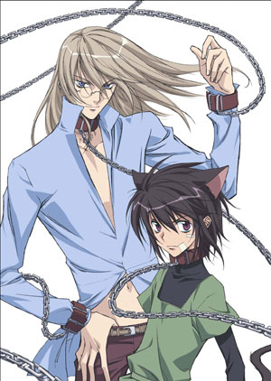 kouga yun, agatsuma soubi, aoyagi ritsuka, loveless, lowres, official art, 00s, 2boys, animal ears, bandages, bandaid, bandaid on face, belt, black border, black hair, border, cat boy, cat ears, cat tail, chain, collar, glasses, long hair, looking at viewer, low neckline, male focus, midriff, multiple boys, purple eyes, size difference, smile, tail