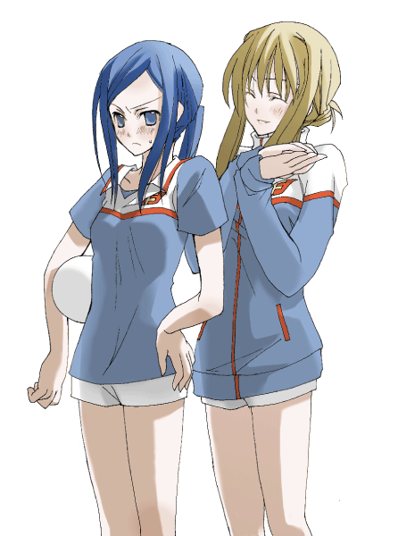 fujino shizuru, kuga natsuki, my-hime, 00s, 2girls, annoyed, ball, blazer, blue eyes, blue hair, blush, brown hair, gym uniform, jacket, long hair, multiple girls, oekaki, ponytail, volleyball, volleyball (object)