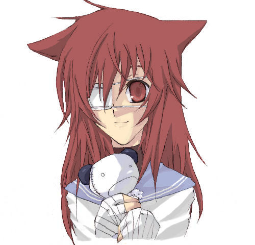 sagan natsuo, loveless, lowres, 00s, 1girl, bandaged hand, bandages, eyepatch, female focus, holding, holding stuffed toy, one eye covered, simple background, solo, stuffed toy, white background