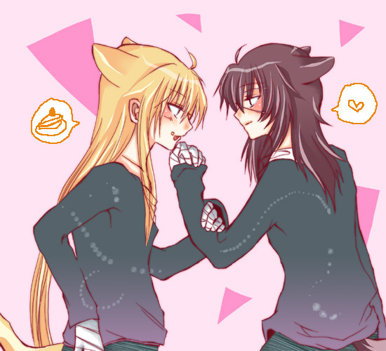sagan natsuo, sagan youji, loveless, 00s, 2boys, animal ears, bandages, black hair, blonde hair, cat boy, cat ears, cat tail, heart, long hair, male focus, multiple boys, spoken heart, standing, sweater, tail, tongue