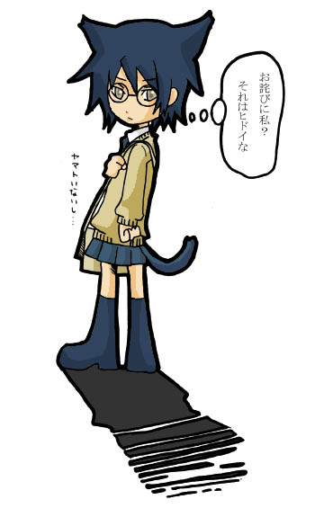 kouya, sakagami kouya, loveless, 00s, animal ears, cat ears, cat tail, chibi, chibi only, glasses, pleated skirt, school uniform, serafuku, short hair, skirt, solo, speech bubble, sweater, tail, thought bubble