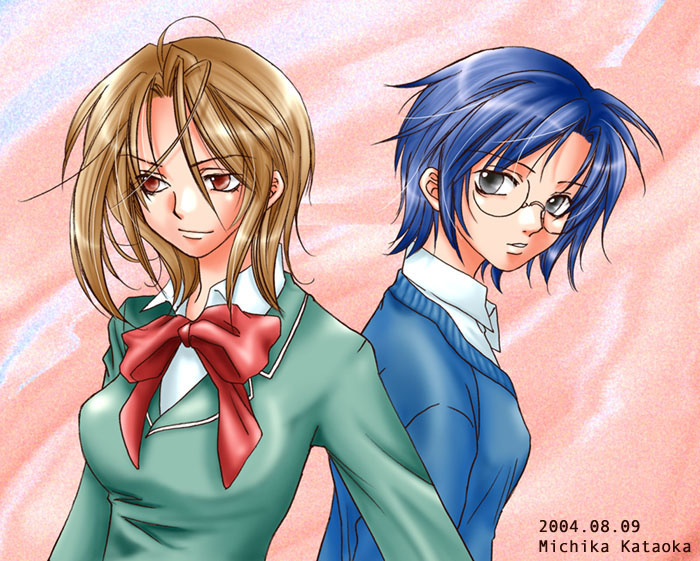 nakano yamato, sakagami kouya, loveless, 00s, 2girls, blonde hair, glasses, green shirt, multiple girls, ribbon, round eyewear, school uniform, serafuku, shirt, short hair, sweater