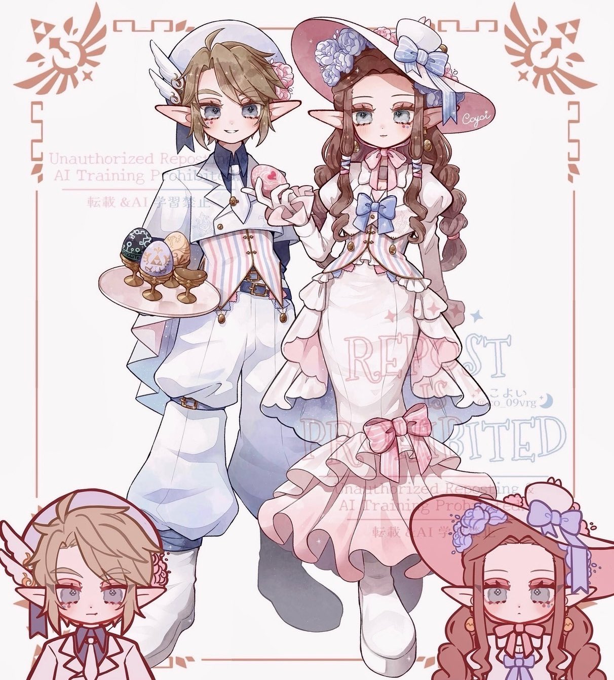 co 09vrg, link, princess zelda, nintendo, the legend of zelda, the legend of zelda: twilight princess, highres, 1boy, 1girl, ahoge, blonde hair, blue bow, blue eyes, blue flower, boots, bow, braid, collared shirt, cropped jacket, dress, dress bow, easter egg, egg, egg earrings, flower, full body, gloves, grey shirt, hair between eyes, hair flower, hair ornament, hair ribbon, hat, hat bow, holding, holding egg, holding tray, jacket, juliet sleeves, light smile, long dress, long hair, long sleeves, mermaid dress, multiple views, necktie, pants, parted bangs, parted lips, pink bow, pink dress, pointy ears, puffy sleeves, ribbon, shirt, short hair, sidelocks, smile, striped clothes, striped vest, suit jacket, sun hat, tray, twin braids, upper body, vest, waistcoat, white background, white boots, white gloves, white hat, white jacket, white necktie, white pants, winged hair ornament