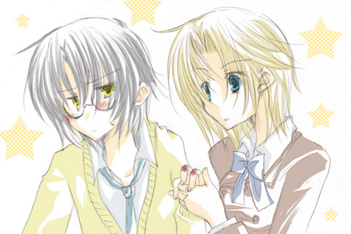 arima yutaka, nakano yamato, sakagami kouya, loveless, lowres, 00s, 2boys, black hair, blazer, blonde hair, blush, glasses, jacket, male focus, multiple boys, necktie, ribbon, school uniform, short hair, sweater
