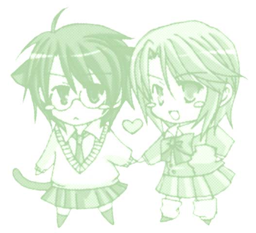 arima yutaka, nakano yamato, sakagami kouya, loveless, 00s, 2girls, animal ears, black hair, blazer, blonde hair, blush, cat ears, cat tail, chibi, chibi only, glasses, green theme, heart, jacket, monochrome, multiple girls, necktie, pleated skirt, ribbon, school uniform, short hair, skirt, sweater, tail, yuri