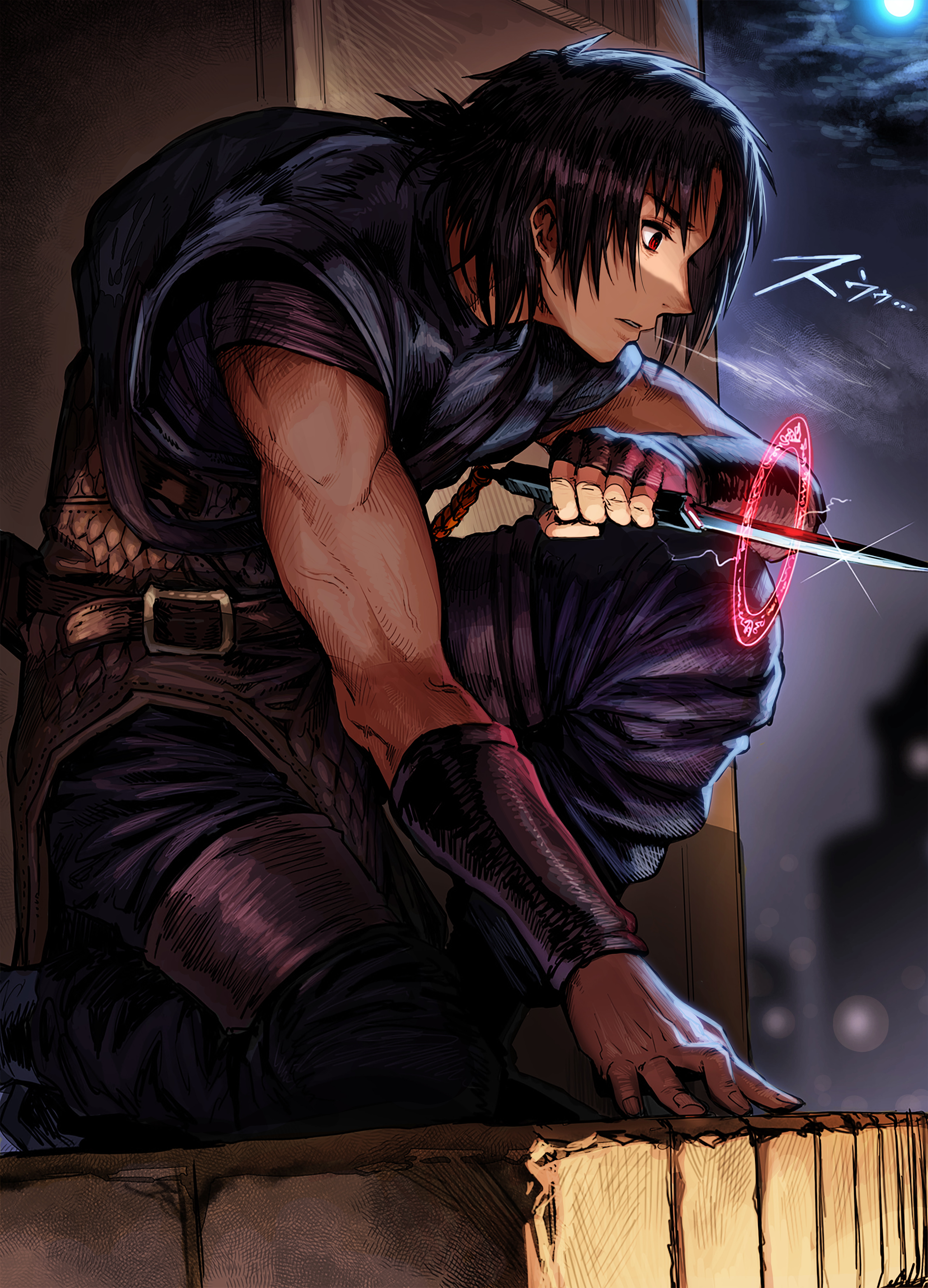 gibagiba, kusuriuri-san, boroboro no elf-san wo shiawase ni suru kusuri uri-san, absurdres, commentary request, highres, 1boy, aged down, armor, assassin, black hair, bracer, dagger, fingernails, flashback, glint, hatching (texture), holding, holding dagger, holding knife, holding weapon, knife, ledge, magic circle, male focus, moon, night, night sky, on one knee, outdoors, parted lips, profile, red eyes, reverse grip, rooftop, scale armor, short hair, sky, sleeveless, solo, vest, weapon