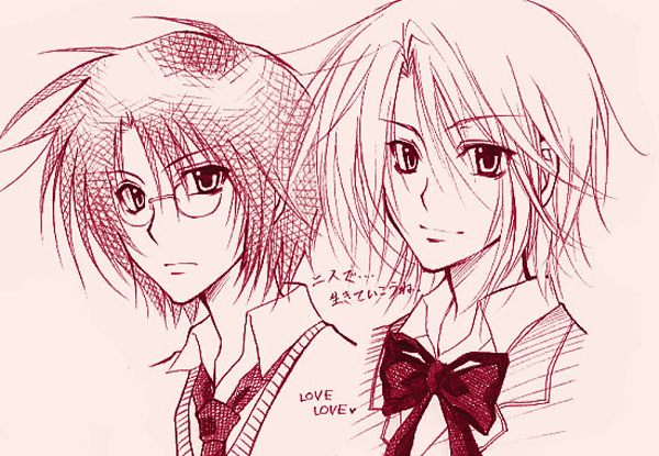 nakano yamato, sakagami kouya, loveless, translated, 00s, 2boys, blazer, glasses, jacket, male focus, monochrome, multiple boys, necktie, pink theme, portrait, ribbon, school uniform, short hair, sweater