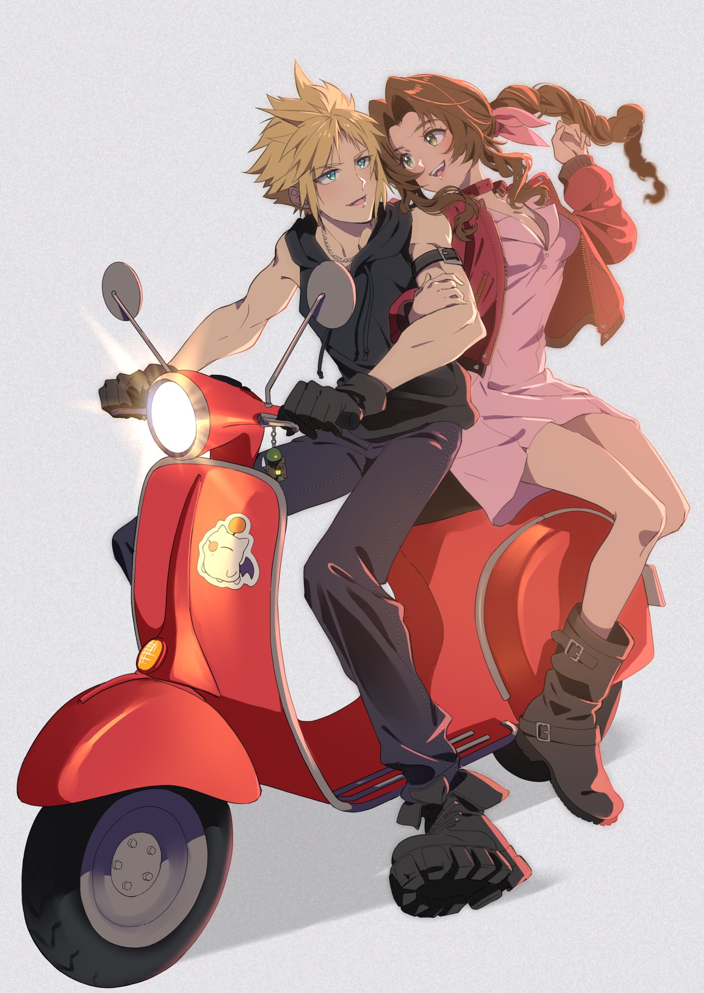 goku-chan, aerith gainsborough, cloud strife, moogle, tonberry, final fantasy, final fantasy vii, final fantasy vii rebirth, final fantasy vii remake, highres, 1boy, 1girl, alternate costume, aqua eyes, arm belt, bare shoulders, black boots, black hoodie, black pants, blonde hair, boots, braid, braided ponytail, breasts, brown boots, brown hair, chain, chain necklace, charm (object), choker, cleavage, couple, cropped jacket, dress, full body, green eyes, hair ribbon, headlight beam, hetero, holding another's arm, hood, hood down, hoodie, jacket, jewelry, light blush, long hair, long sleeves, medium breasts, moped, motor vehicle, necklace, open mouth, pants, parted bangs, pink dress, pink ribbon, red choker, red jacket, ribbon, riding, short dress, short hair, sidelocks, single braid, sleeveless, sleeveless hoodie, smile, spiked hair, sticker, wavy hair