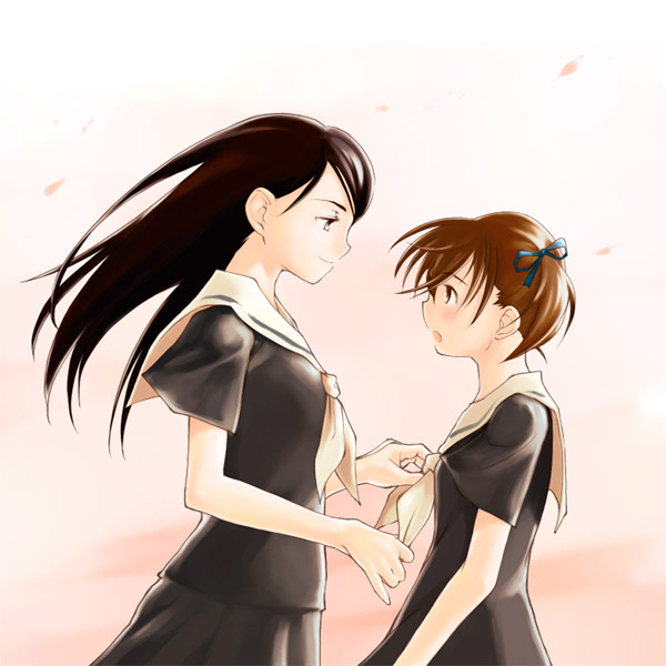 yurikawa, fukuzawa yumi, ogasawara sachiko, maria-sama ga miteru, 00s, 2girls, adjusting another's clothes, adjusting buruma, adjusting clothes, black eyes, black hair, blush, brown eyes, brown hair, buruma, long hair, multiple girls, open mouth, petals, ribbon, school uniform, serafuku, short twintails, skirt, smile, twintails, wind