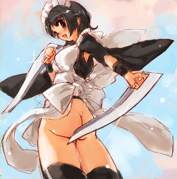 momiji mao, iroha (samurai spirits), samurai spirits, snk, 1girl, ass, bonnet, bottomless, female focus, flat ass, gluteal fold, maid, maid headdress, no panties, short hair, solo, wristband