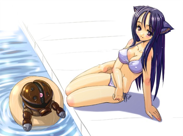 musumi renga, acguy, gundam, 1girl, animal ears, bikini, blue bikini, breasts, cat ears, cleavage, female focus, shadow, side-tie bikini bottom, sitting, solo, string bikini, swimsuit