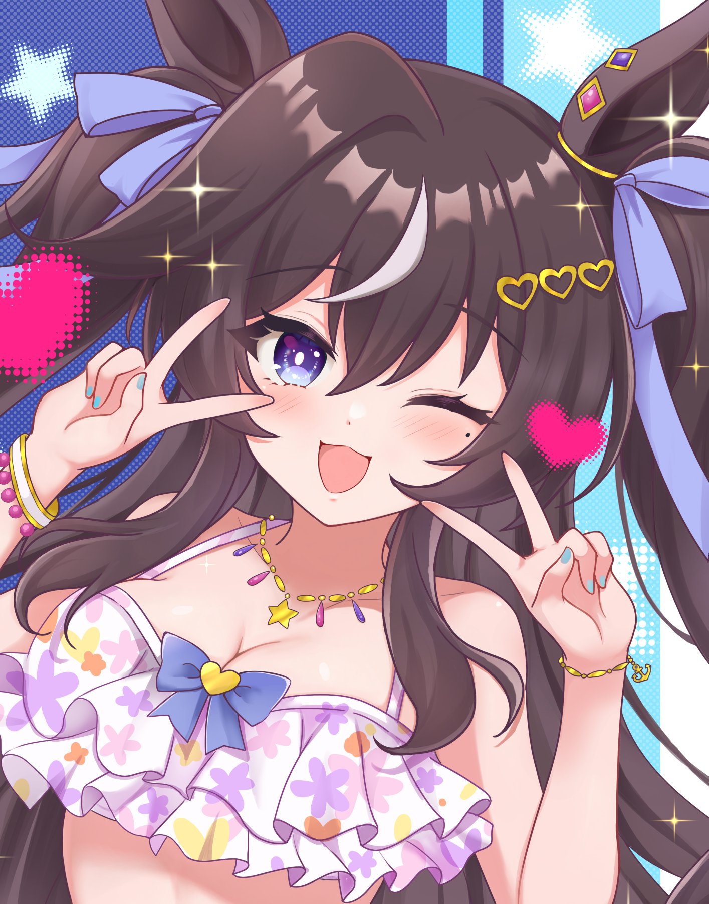 terimuku, vivlos (finest smile – liftoff!) (umamusume), vivlos (umamusume), umamusume, commentary request, highres, 1girl, ;d, animal ears, bare shoulders, bikini, blue bow, blue nails, blush, bow, breasts, brown hair, cleavage, collarbone, double v, floral print, frilled bikini, frills, hair between eyes, hair bow, hair ornament, hands up, heart, heart hair ornament, horse ears, long hair, looking at viewer, medium breasts, mole, mole under eye, multicolored hair, nail polish, one eye closed, open mouth, print bikini, purple eyes, smile, solo, streaked hair, swimsuit, two side up, upper body, v, very long hair, white bikini, white hair