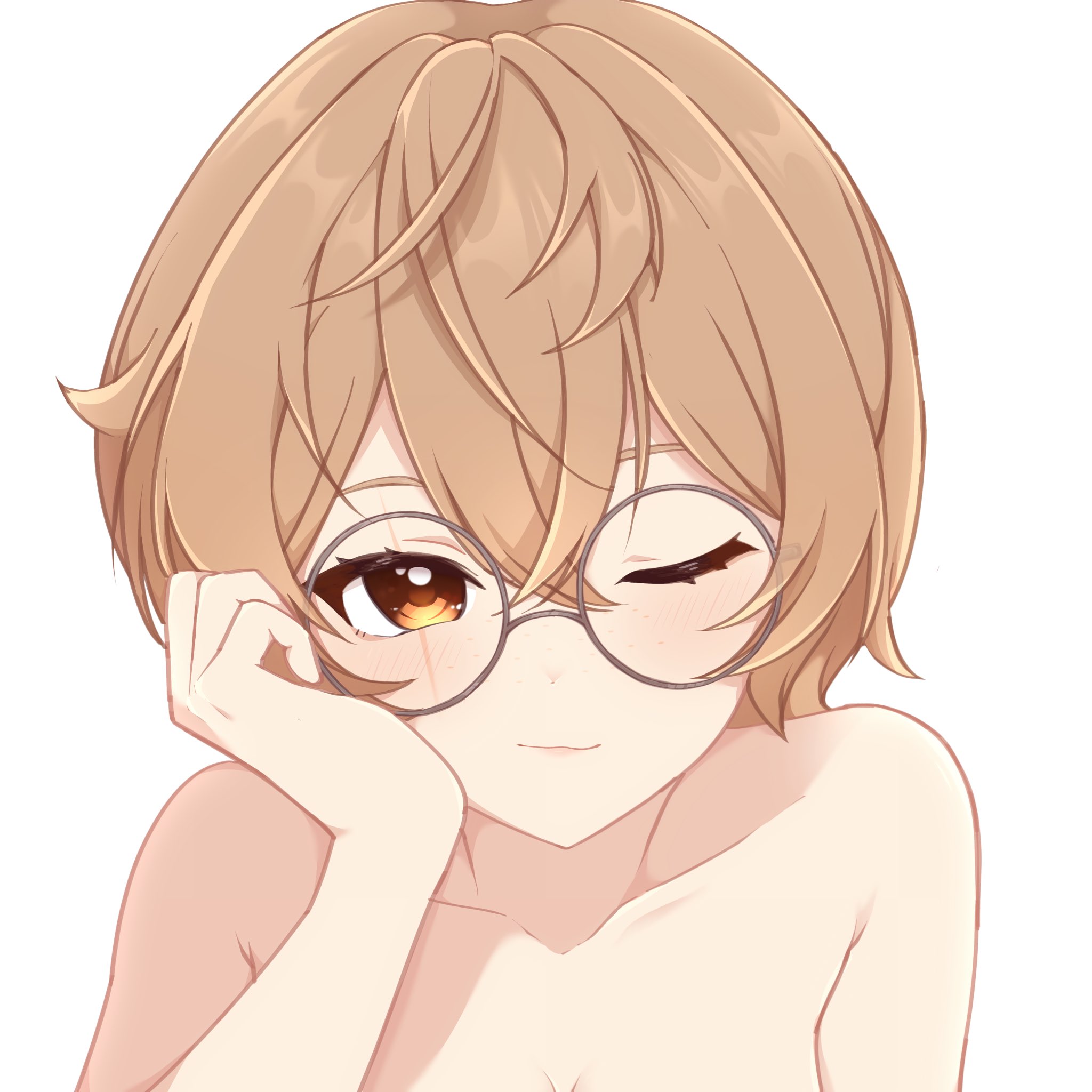 amiistix, clio aite, phase connect, highres, 1girl, bare shoulders, blush, brown eyes, brown hair, freckles, glasses, one eye closed, scar, scar across eye, scar on face, short hair, smile