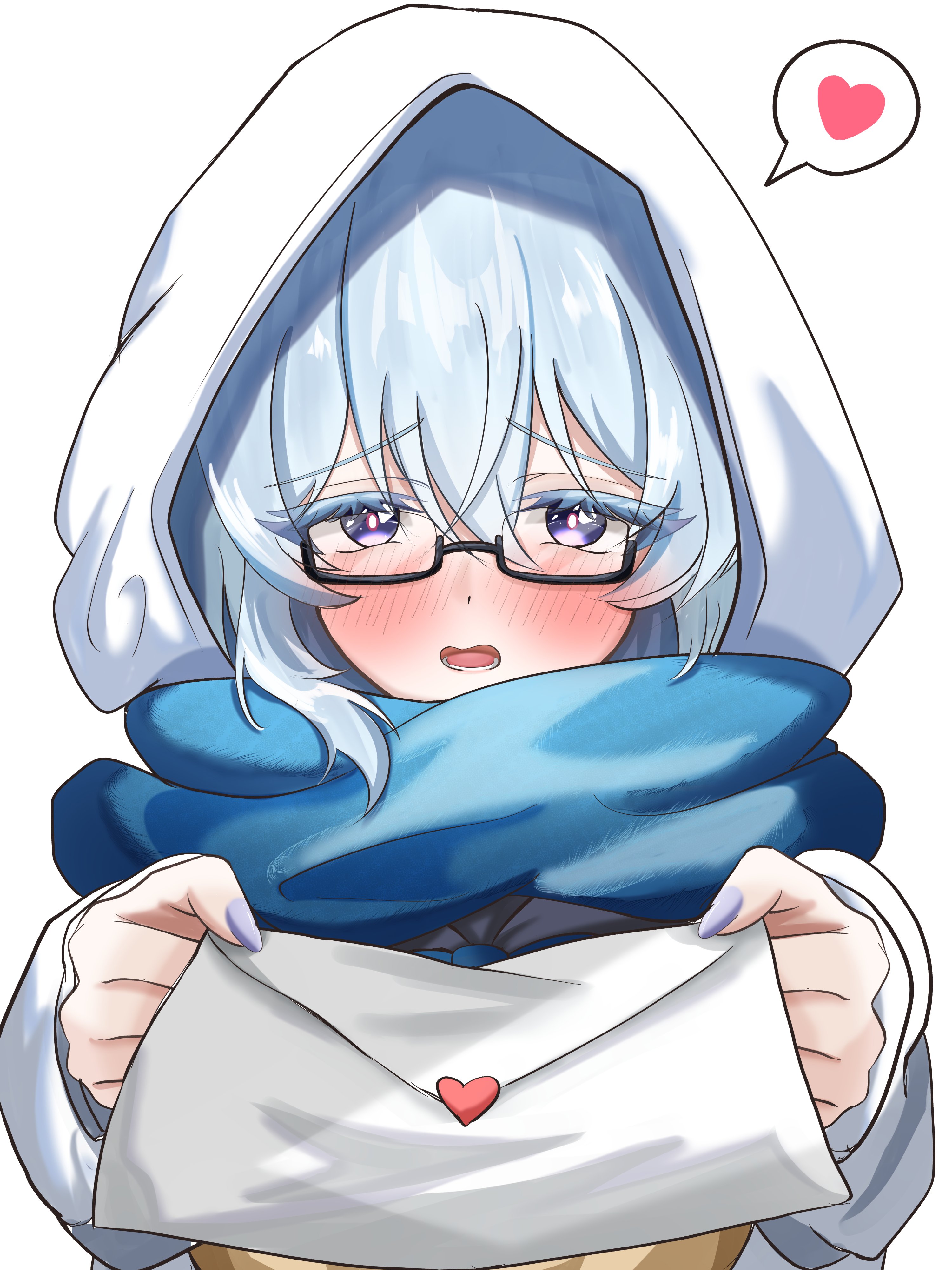 bunchosan dayo, shorekeeper (wuthering waves), wuthering waves, absurdres, commentary request, highres, 1girl, bespectacled, black-framed eyewear, blue hair, blue scarf, blush, colored eyelashes, embarrassed, envelope, fingernails, glasses, hair between eyes, heart, holding, holding envelope, incoming gift, letter, long fingernails, looking at viewer, love letter, medium hair, nail polish, official alternate costume, open mouth, purple eyes, purple nails, rectangular eyewear, red pupils, scarf, semi-rimless eyewear, simple background, solo, spoken heart, straight-on, under-rim eyewear, upper body, white background, white hood