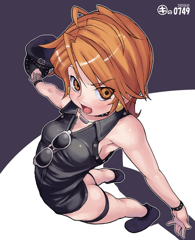 kei jiei, cure black, hard gay, misumi nagisa, futari wa precure, precure, 00s, 1girl, 2005, ass, bracelet, breasts, brown eyes, brown hair, collar, cosplay, crossdressing, crossdressing (ftm), dated, earrings, eyewear hang, female focus, foreshortening, from above, hard gay (cosplay), hat, jewelry, magical girl, necklace, newsboy cap, perspective, short hair, small breasts, solo, sunglasses, sunglasses removed, unworn eyewear