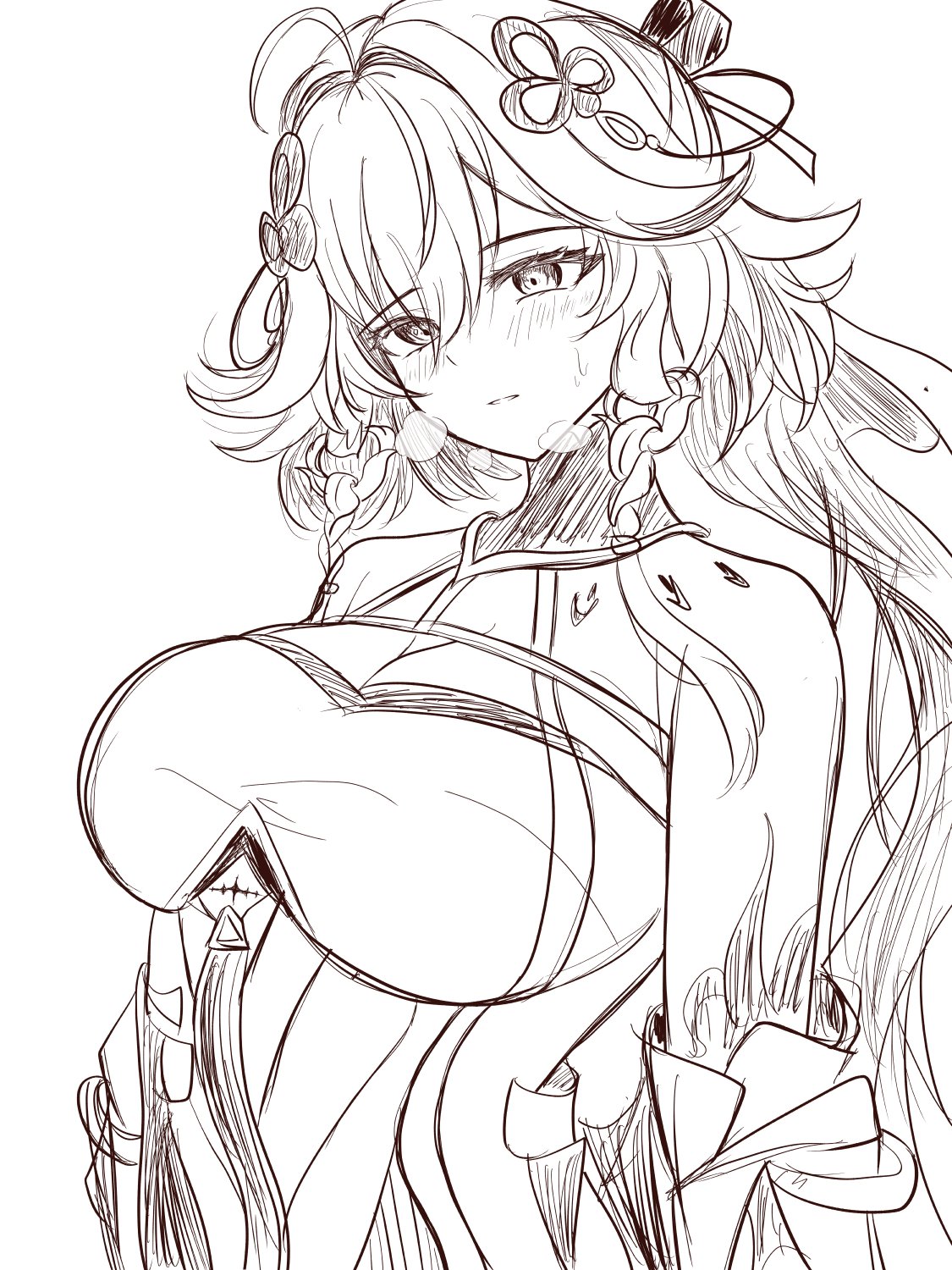 bunchosan dayo, changli (wuthering waves), wuthering waves, commentary request, highres, 1girl, ahoge, bare shoulders, blush, body markings, braid, breasts, cleavage, collar, hair between eyes, hair extensions, hair ornament, large breasts, long hair, looking down, parted lips, ring hair extensions, simple background, sketch, solo, tacet mark (wuthering waves), twin braids, very long hair, white background
