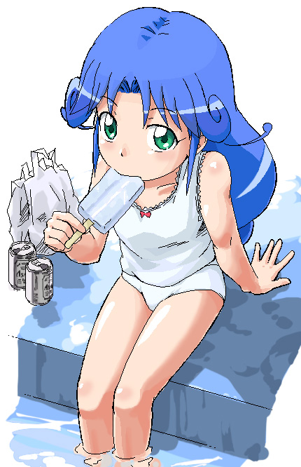 youkan, rein (futagohime), fushigiboshi no futago hime, 00s, blue hair, camisole, flat chest, food, green eyes, long hair, oekaki, panties, popsicle, sitting, soaking feet, solo, underwear, water, white panties