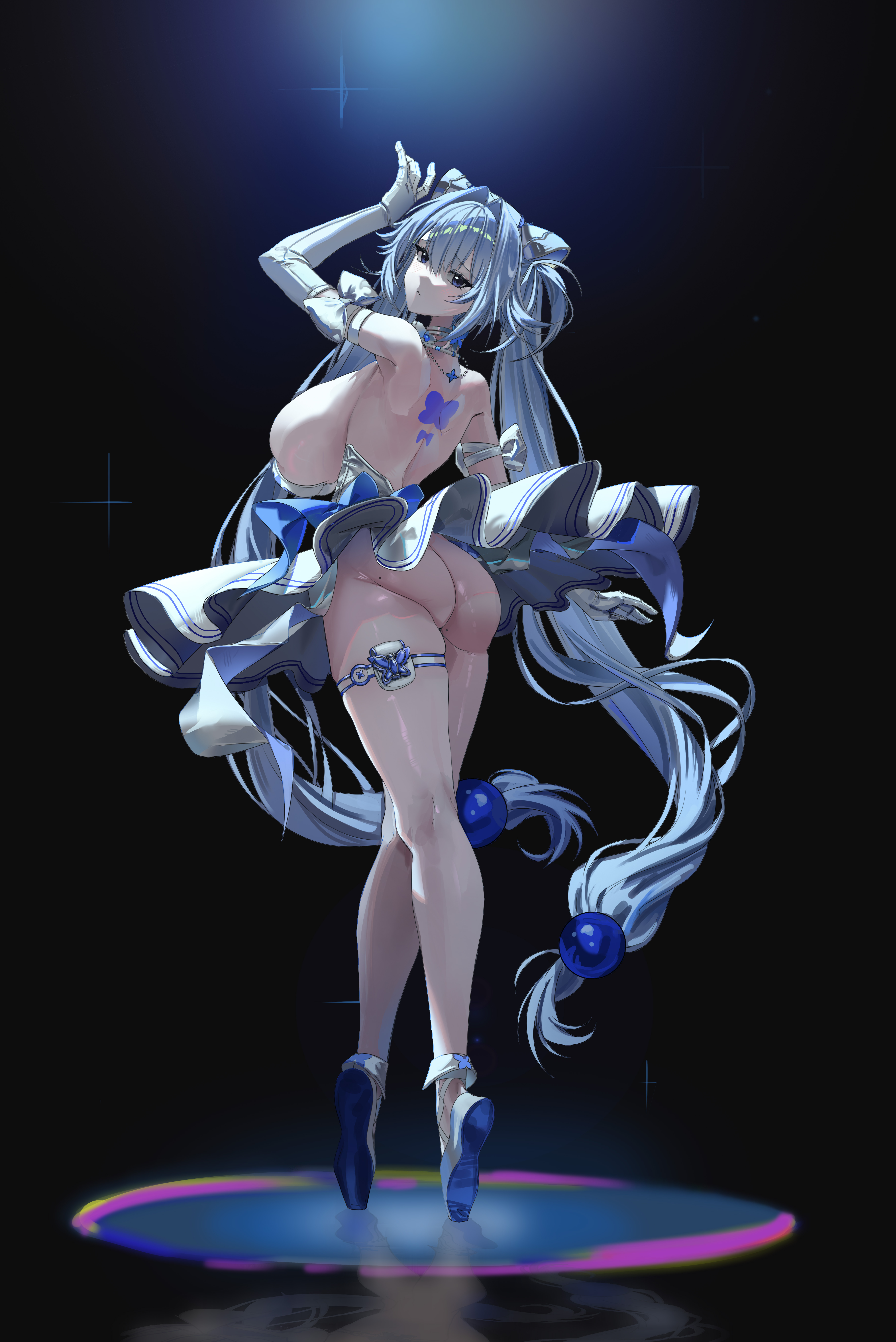 disgustingtokki, gretel (nikke), goddess of victory: nikke, absurdres, highres, 1girl, ass, ballet, ballet slippers, blue eyes, blue hair, breasts, dancer, elbow gloves, en pointe, full body, gloves, huge ass, huge breasts, large breasts, long hair, looking at viewer, looking back, mole, mole on ass, no panties, pouch, sideboob, skindentation, thick thighs, thigh pouch, thigh strap, thighs, tiptoes, very long hair, white gloves