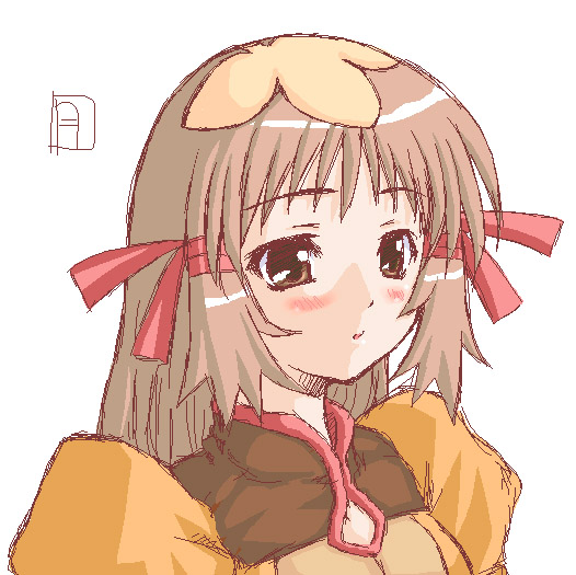 gekkou ookami, re mii, zoids, zoids genesis, 00s, 1girl, :o, blush, brown eyes, brown hair, female focus, long hair, oekaki, puffy sleeves, signature, simple background, solo, upper body, white background