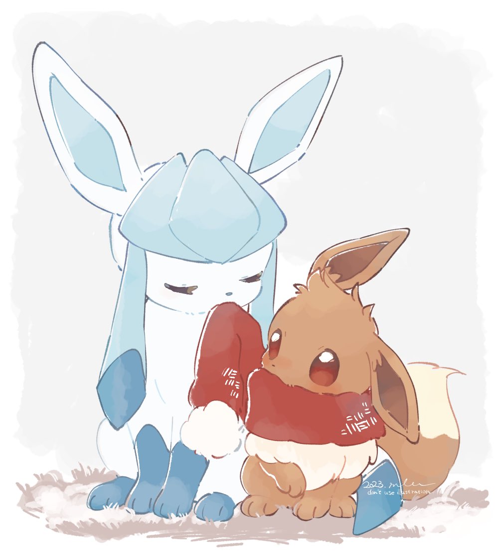 mkt (buizu-miki), eevee, glaceon, nintendo, pokemon, commentary request, brown eyes, closed eyes, dated, gen 1 pokemon, gen 4 pokemon, looking up, mouth hold, no humans, pokemon (creature), pokemon focus, red scarf, scarf, sitting
