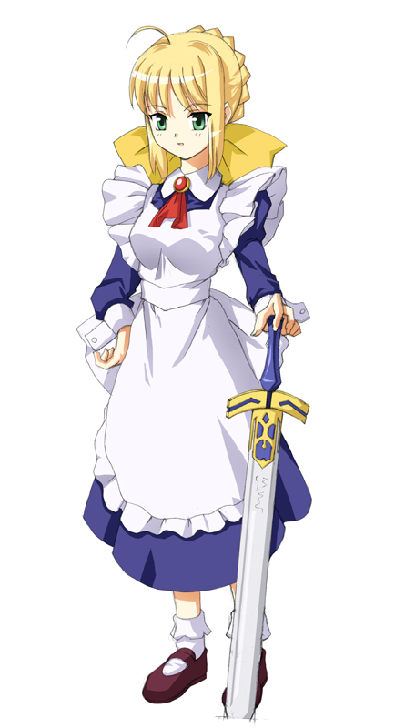 date (senpen), andou mahoro, artoria pendragon (fate), kawasumi ayako, saber (fate), fate/stay night, fate (series), mahoromatic, 1girl, ahoge, andou mahoro (cosplay), blonde hair, brooch, cosplay, crossover, excalibur (fate/stay night), female focus, green eyes, hair ribbon, jewelry, maid, parody, ribbon, sleeve cuffs, solo, sword, voice actor connection, weapon