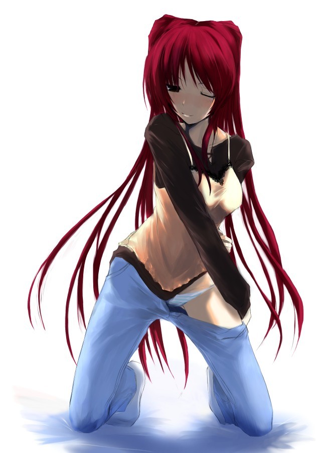 akahoshi kenji, kousaka tamaki, to heart (series), to heart 2, 00s, blue panties, blush, camisole, casual, denim, dressing, jeans, long hair, panties, pants, red hair, shirt, shirt under shirt, solo, striped clothes, striped panties, underwear