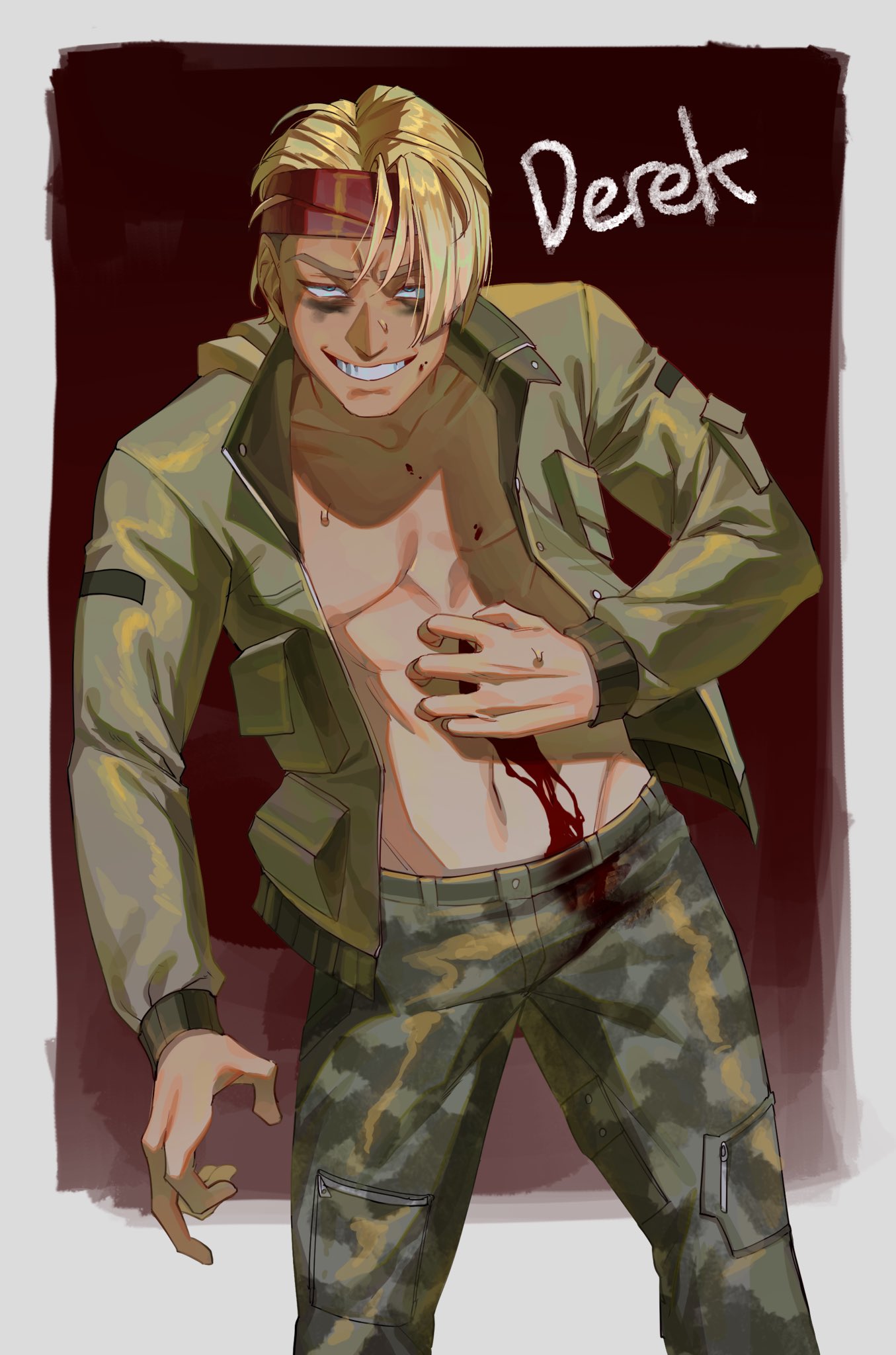 boyfriend to death, highres, 1boy, bags under eyes, bleeding, blonde hair, blood, blue eyes, border, character name, cowboy shot, curtained hair, derek goffard, green jacket, grin, hands on own chest, headband, hole in chest, hole on body, injury, jacket, looking at viewer, male focus, open clothes, open jacket, outside border, smile, solo, soureeeee, white border