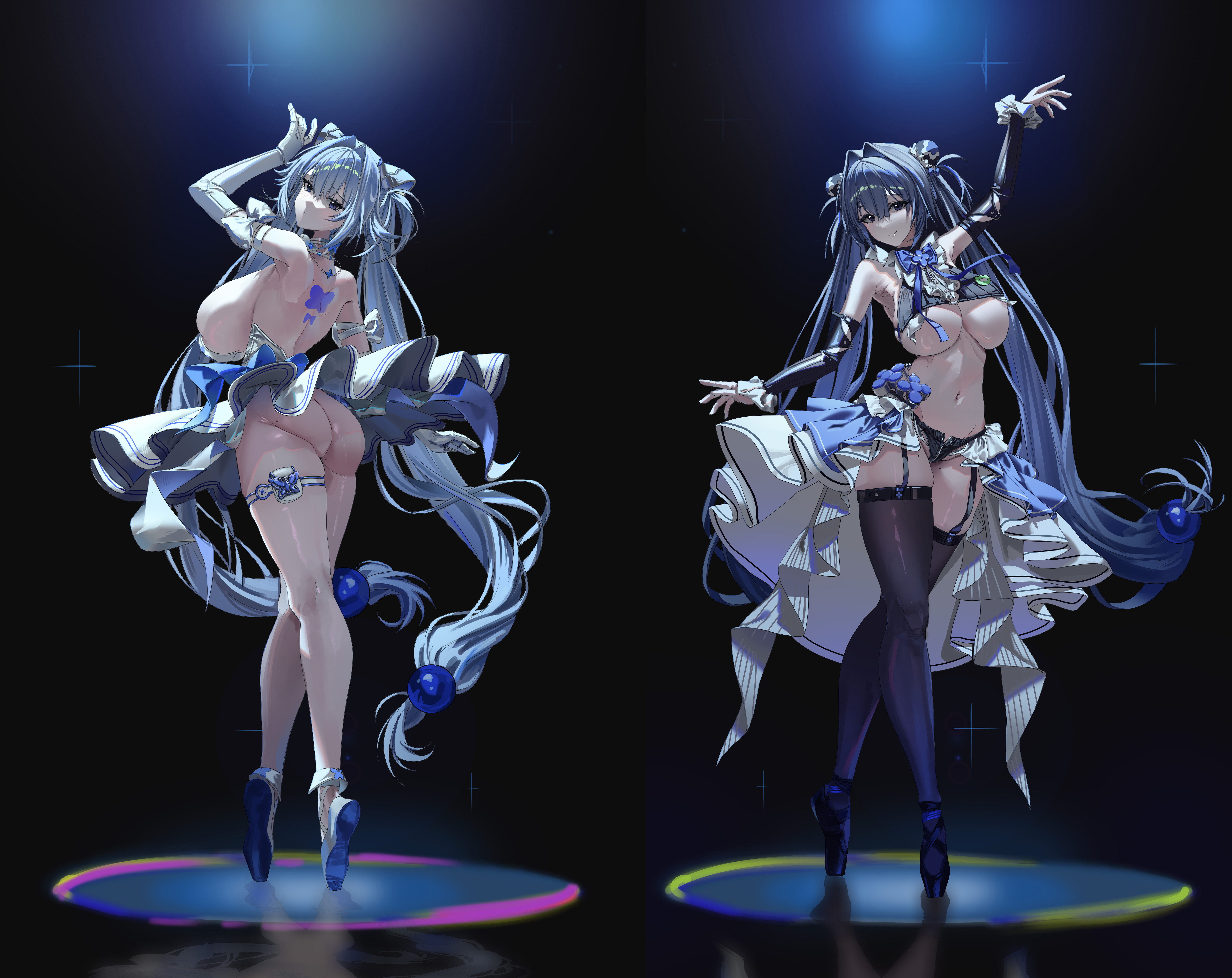 disgustingtokki, gretel (nikke), hansel (nikke), goddess of victory: nikke, shiny eyes, absurdres, highres, 2girls, arm up, ass, ballet, ballet slippers, black eyes, black panties, black thighhighs, blue eyes, blue hair, breasts, cleavage, crop top, dancer, detached sleeves, elbow gloves, en pointe, flower-shaped hair, folded hair, full body, garter straps, gloves, huge ass, huge breasts, impossible clothes, large breasts, leotard, long hair, looking at viewer, looking back, mole, mole on ass, multicolored leotard, multiple girls, navel, no panties, panties, pouch, siblings, sideboob, sisters, skindentation, smile, thick thighs, thigh pouch, thigh strap, thighhighs, thighs, tiptoes, twins, twintails, two-tone leotard, underboob, underwear, very long hair, white gloves