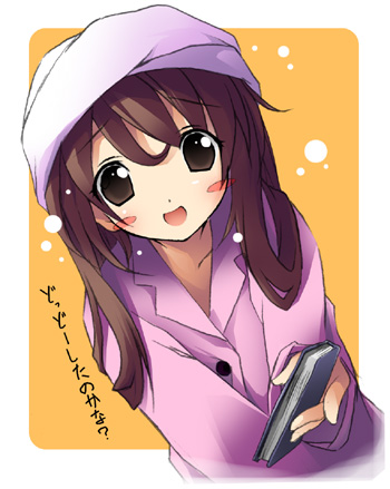 kantoku, mizoguchi keiji, yorutsuki, yorutsuki (nishio ishin), kimi to boku no kowareta sekai, lowres, 1girl, blush stickers, brown hair, dutch angle, female focus, long hair, looking at viewer, open mouth, orange background, pajamas, solo