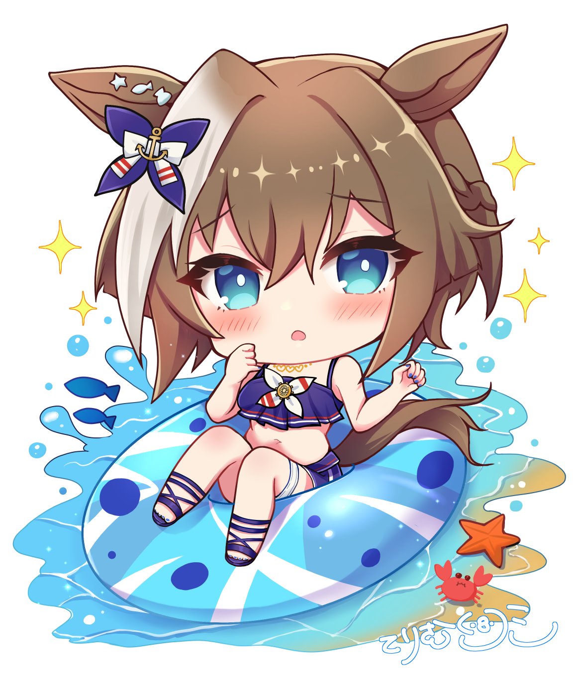 terimuku, cheval grand (summer calm navy drop) (umamusume), cheval grand (umamusume), umamusume, commentary request, highres, 1girl, animal, animal ears, bikini, blue bikini, blue eyes, blue nails, blue sandals, blue shorts, blush, braid, brown hair, chibi, crab, fish, full body, grey hair, hair between eyes, horse ears, horse girl, horse tail, innertube, looking at viewer, multicolored hair, nail polish, navel, parted lips, sandals, shorts, signature, solo, sparkle, starfish, streaked hair, swim ring, swimsuit, tail, toenail polish, toenails, water, white background