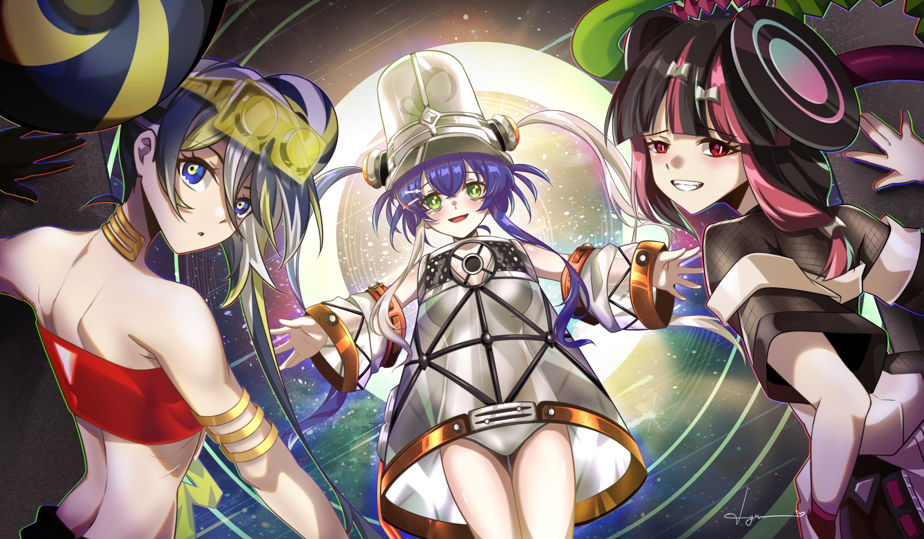 lyrin (haireirei), killer tune-mix, yu-gi-oh!, absurdres, highres, breasts, duel monster, from behind, killer-tune (yu-gi-oh!), killer-tune cue, killer-tune mix, killer-tune reco, killer tune-reco, looking back, smile
