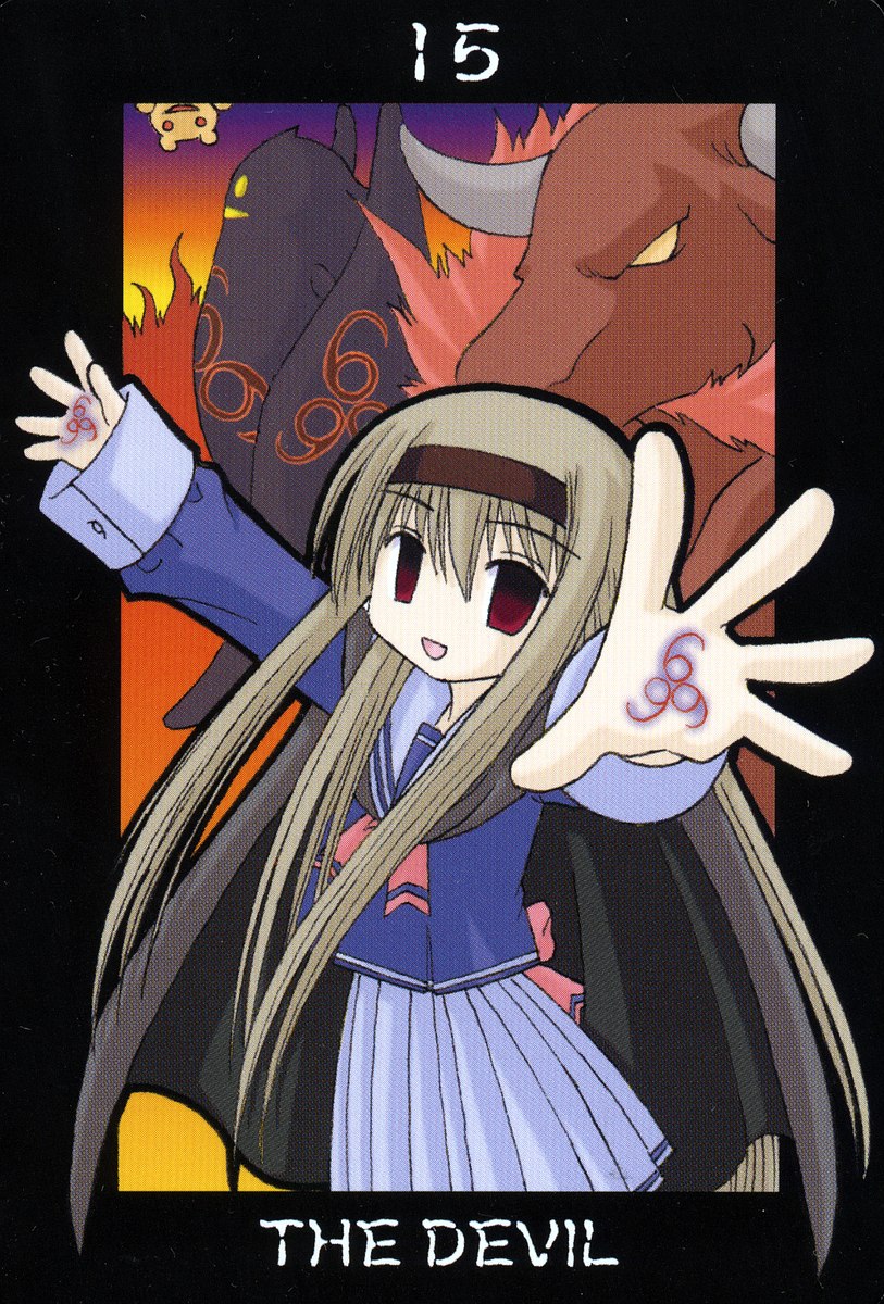 buchou, mahoraba, highres, 00s, 666, card, card (medium), cloak, demon, markings, pleated skirt, school uniform, serafuku, skirt, solo, tarot, tarot (medium), the devil (tarot)