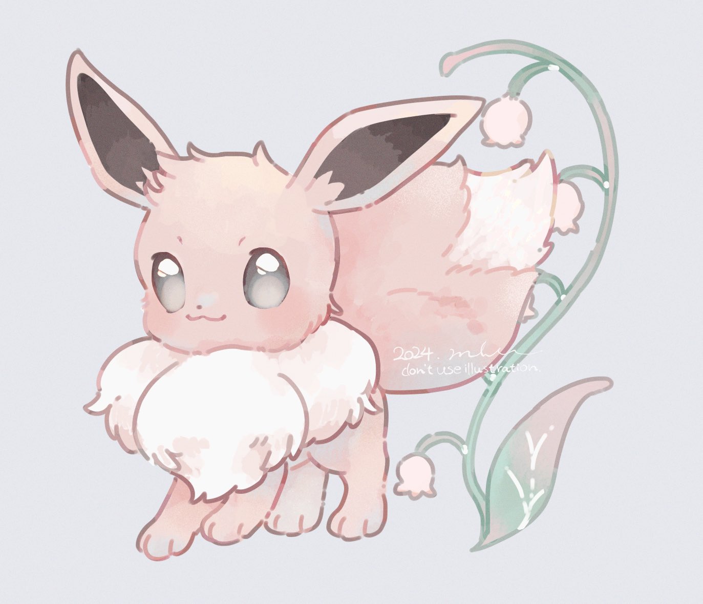 mkt (buizu-miki), eevee, nintendo, pokemon, commentary request, alternate eye color, blush, dated, flower, gen 1 pokemon, green background, green eyes, no humans, pokemon (creature), pokemon focus, simple background, smile, solo