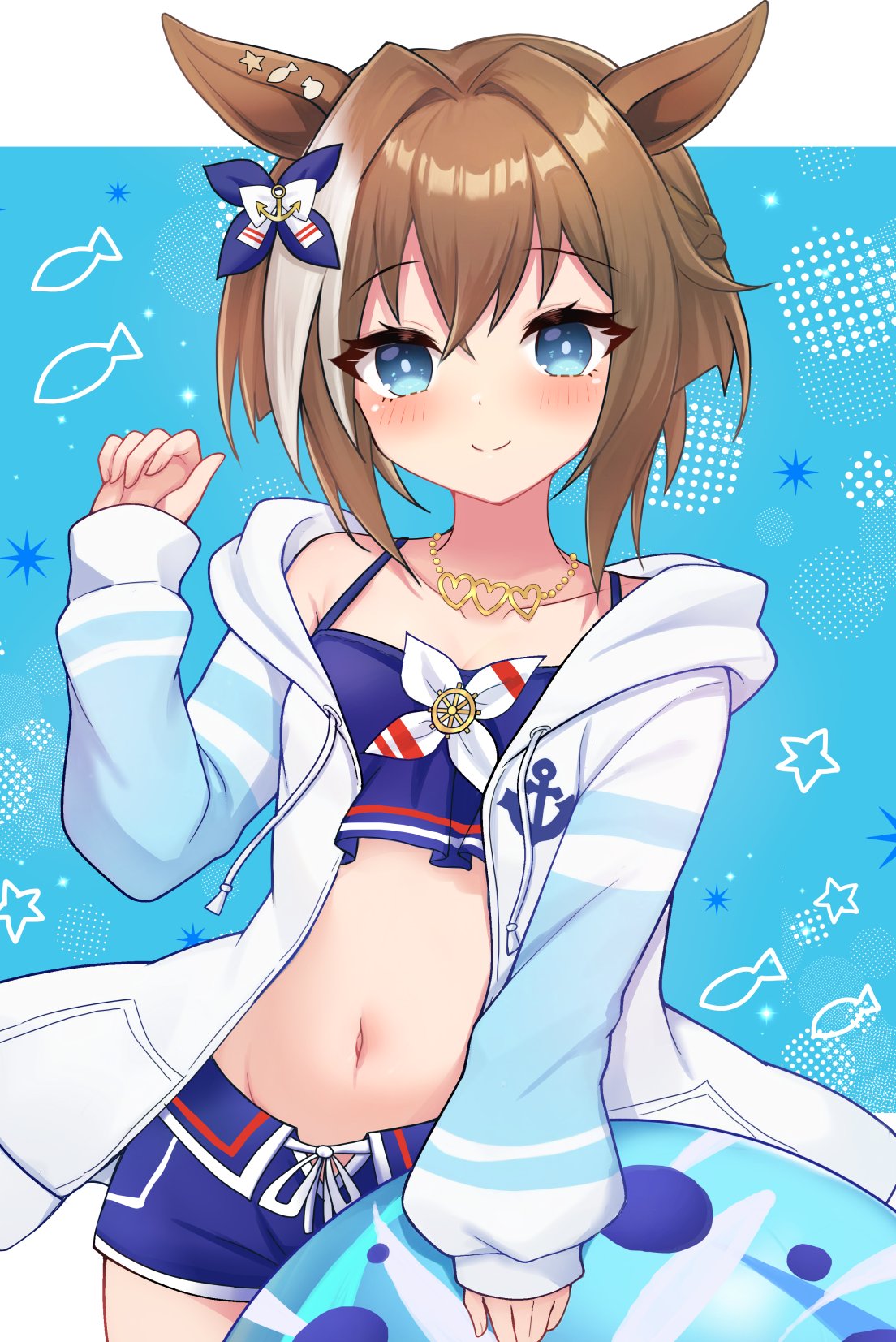 terimuku, cheval grand (summer calm navy drop) (umamusume), cheval grand (umamusume), umamusume, commentary request, highres, 1girl, animal ears, bikini, bikini under clothes, blue background, blue bikini, blue eyes, blue shorts, blush, brown hair, closed mouth, collarbone, drawstring, grey hair, hair between eyes, hand up, hood, hood down, hooded jacket, horse ears, innertube, jacket, long sleeves, looking at viewer, multicolored hair, navel, open clothes, open jacket, puffy long sleeves, puffy sleeves, shorts, sleeves past wrists, smile, solo, streaked hair, swim ring, swimsuit, white jacket