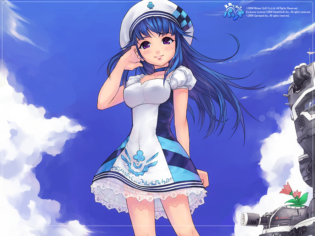 seedark, arin (pangya), pangya, official art, official wallpaper, 1girl, adjusting hair, beret, blue hair, cloud, day, dress, female focus, hat, lace, long hair, purple eyes, sky, smile, solo, wind