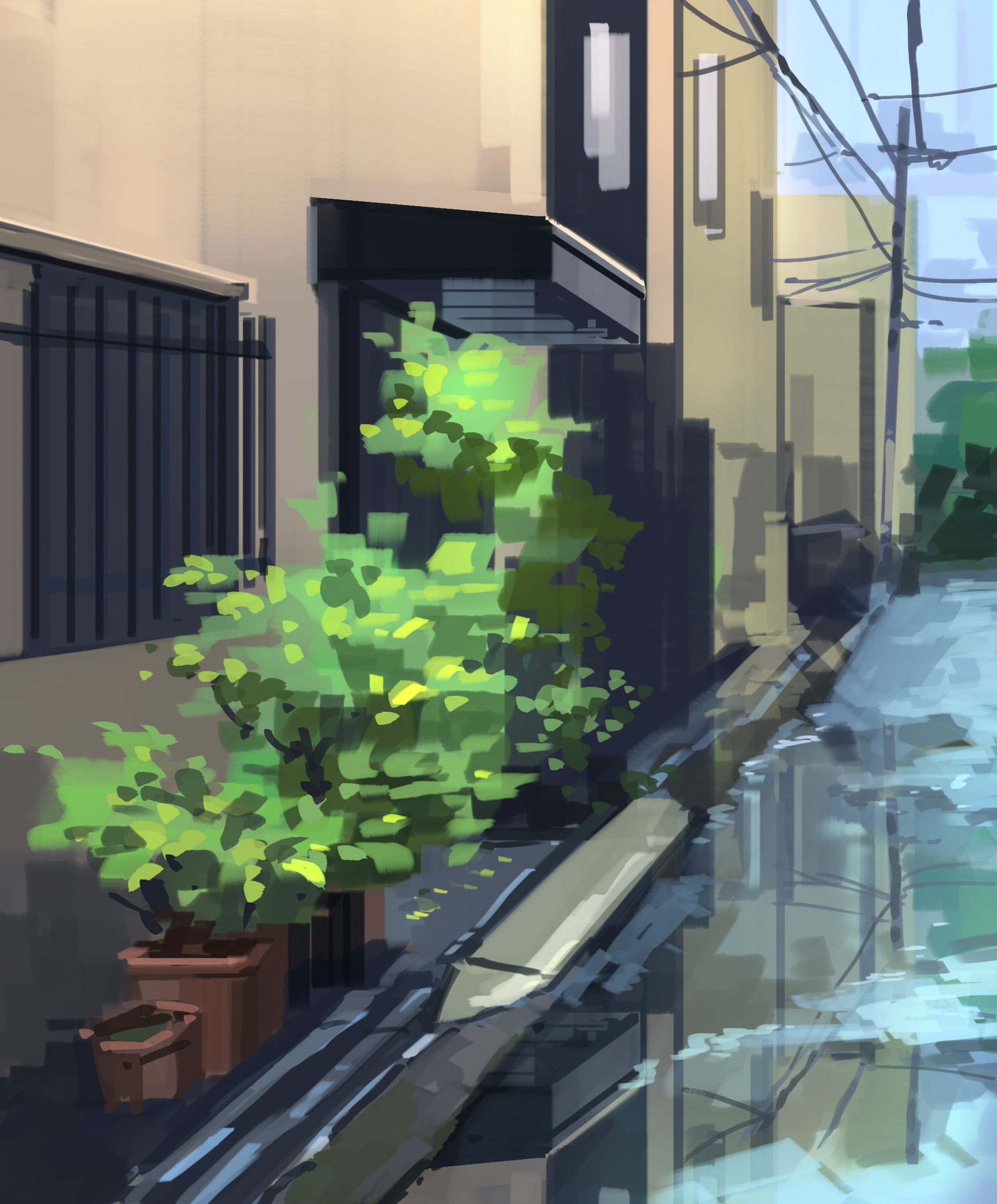 karasu (hageabura-jr), original, highres, barred window, day, no humans, power lines, puddle, reflection, reflective water, road, sapling, scenery, sidewalk, street, tree, utility pole, window
