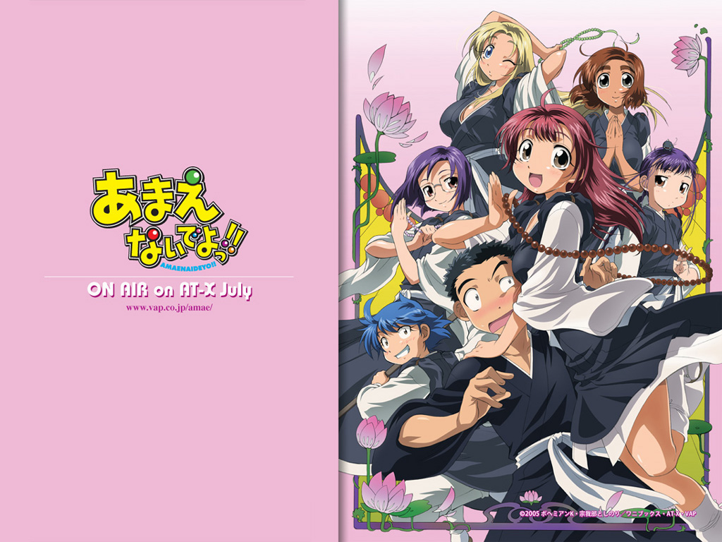 amanogawa haruka, atouda yuuko, ikuina sumi, nanbu chitose, sugai hinata, sugai sakura, amaenaideyo!!, official art, official wallpaper, 00s, 1boy, 6+girls, beads, blonde hair, blue eyes, blue hair, braid, breast smother, breasts, brown eyes, brown hair, everyone, face to breasts, glasses, japanese clothes, long hair, looking at breasts, multiple girls, one eye closed, prayer beads, purple hair, short hair, smile, twin braids, wink