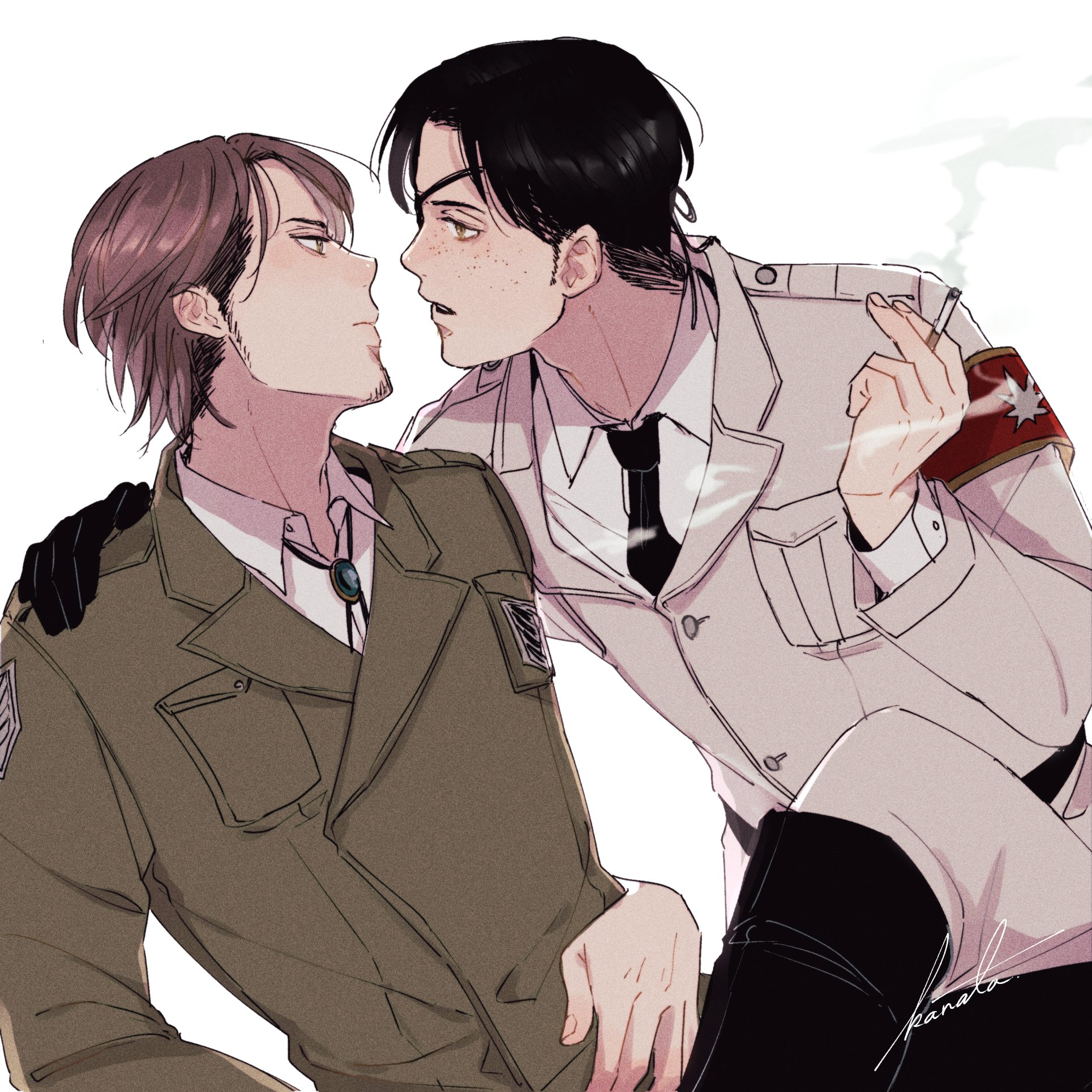 jean kirstein, marco bott, shingeki no kyojin, highres, 2boys, arm around shoulder, armband, black boots, black gloves, black hair, black necktie, bolo tie, boots, brown hair, brown jacket, cigarette, collared shirt, eyepatch, facial mark, freckles, gloves, grey jacket, grey pants, holding, holding cigarette, jacket, kanataaot, male focus, multiple boys, necktie, pants, parted bangs, parted lips, red armband, shirt, sideburns, signature, smoke, smoking, suit jacket, survey corps (emblem), white background, white shirt, yaoi